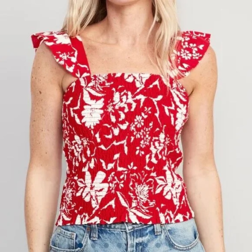 Old Navy Red and White Ruffled Blouse Fitted Ruffle Floral Top xl